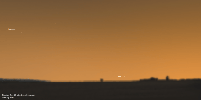 Simulated view of a warm orange twilight sky over a dark horizon with distant buildings in silhouette, dated October 24, 2026, 30 minutes after sunset, looking west. Antares is labeled at upper left, and Mercury appears as a faint point low near the horizon at lower center.