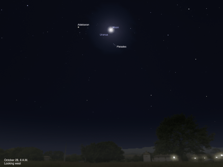 Simulated view of a dark predawn sky over silhouetted trees and buildings with a few lit windows, dated October 28, 2026, 6 A.M., looking west. The Moon glows within a bluish halo at upper center, with Uranus labeled just below and left of it and the Pleiades labeled just below. Aldebaran is labeled at upper left.