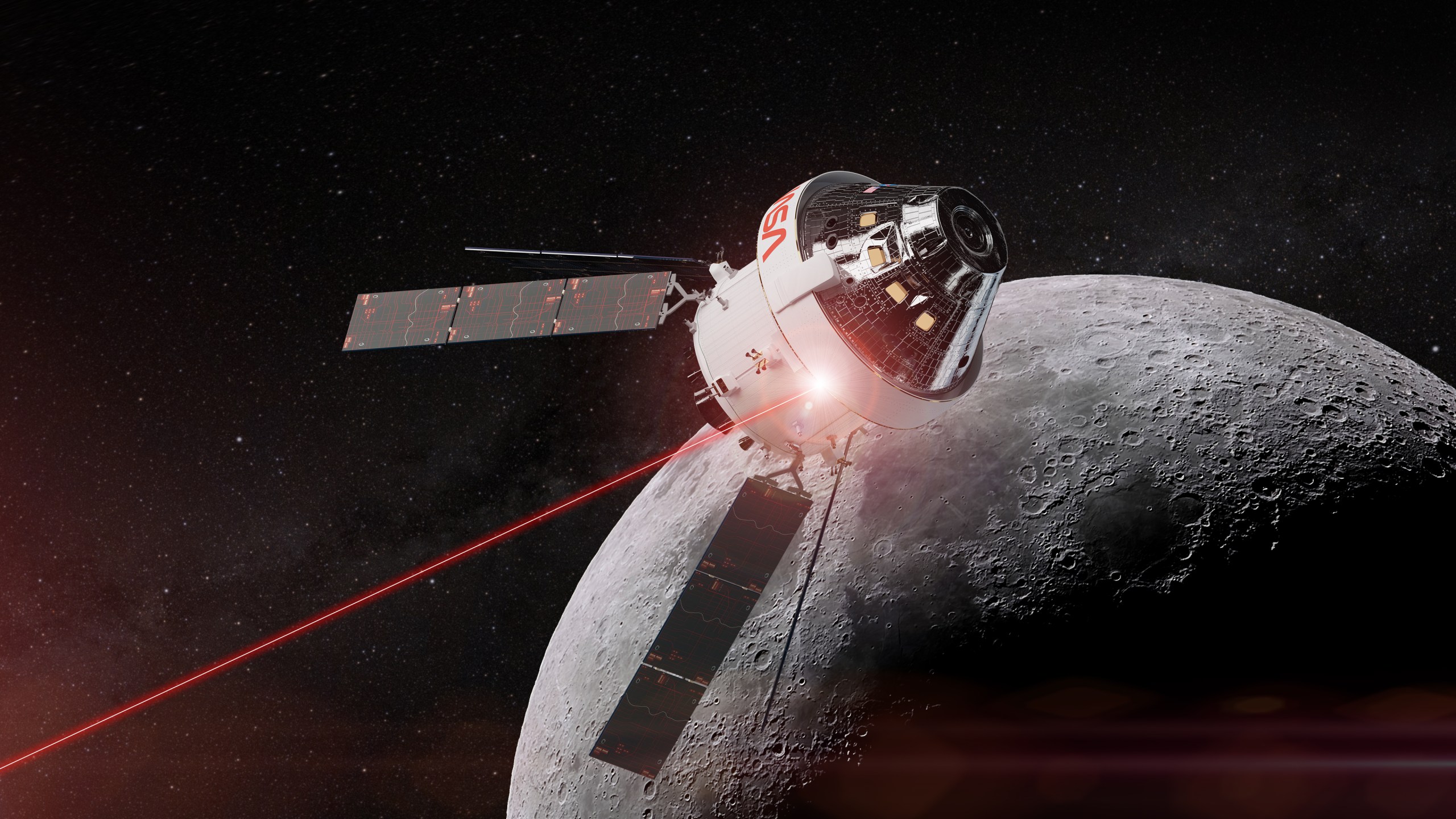 Illustration of NASA’s Orion spacecraft in orbit around the Moon, with a white crew module bearing a red NASA logo atop a service module with extended solar arrays. A thin red laser beam shoots from the spacecraft toward the lower left, representing optical communications. The cratered, partly shadowed Moon fills the lower right against a dark, starry sky.