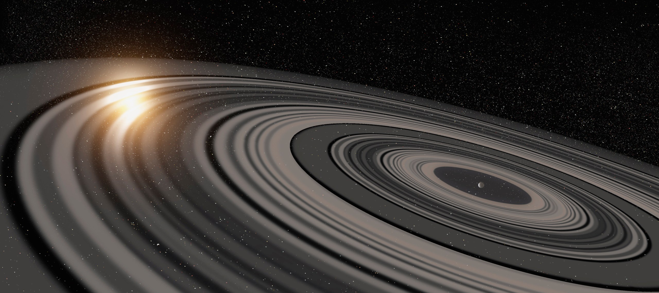 Illustration of a vast, multi-banded ring system seen at a low angle, with concentric gray and tan rings separated by dark gaps and a small planet at the center of the innermost clear region. A bright, golden star glows at upper left, partly hidden behind the outer rings, against a dense field of stars.