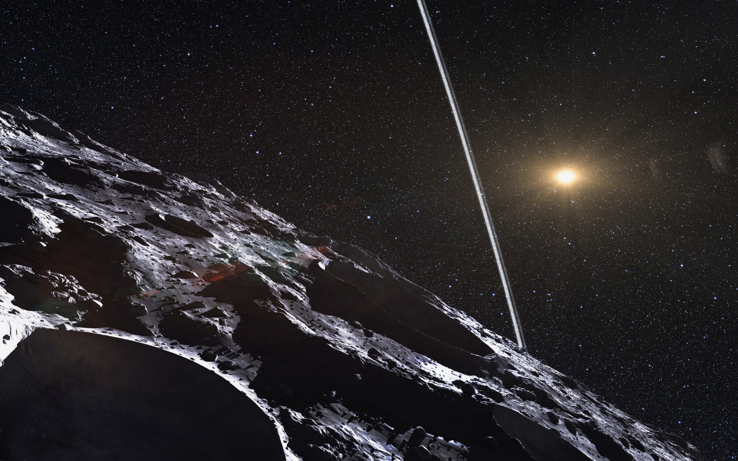 Illustration of a rugged, boulder-strewn, cratered asteroid surface in the foreground, lit along its ridges and shadowed in its hollows. A thin, straight, silvery ring rises toward the upper center, and a bright, orange-tinted sun glows at right against a dense star field.