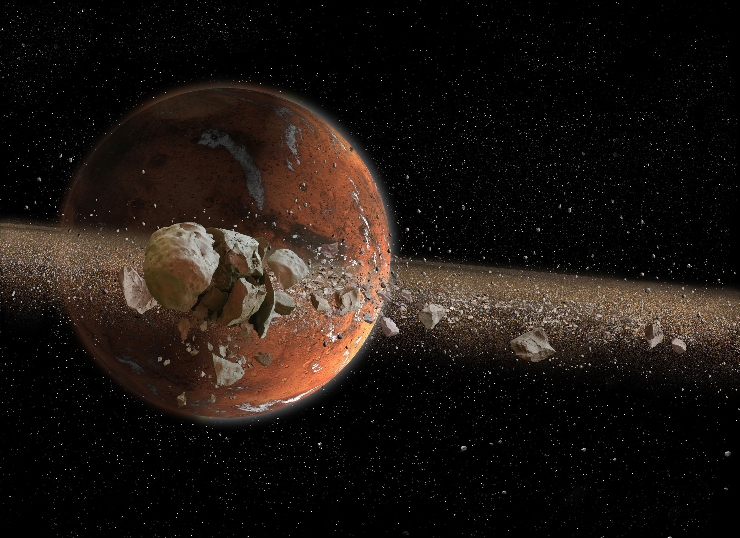 Illustration of a reddish, cratered Mars with white patches of frost, seen as a crescent-lit globe. A fractured, rocky moon breaks apart in the foreground, scattering boulders and fragments that stretch into a tan, dusty ring band across the planet against a starry black sky.