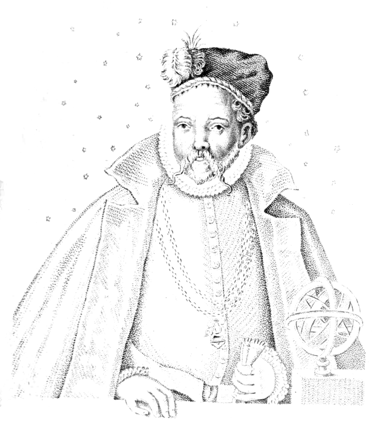 A black-and-white engrave-style illustration depicts a man with a mustache, beard, ruffled collar, and a feather-adorned hat centered in the frame. He wears a heavy coat over a buttoned jacket with long chains resting on his chest, while a small metal skeletal globe sits near his left hand. Tiny five-pointed stars are scattered loosely across the plain white background behind him.