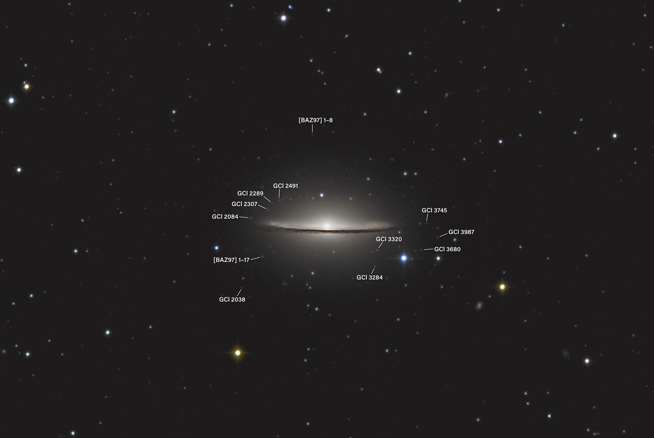 Annotated astrophotograph of the Sombrero Galaxy (M104), seen edge-on as a thin bright disk with a dark dust lane across a glowing central bulge, surrounded by a faint halo and a field of scattered stars. White leader lines point to globular clusters labeled [BAZ97] 1-8, GCl 2038, GCl 2084, GCl 2289, GCl 2307, GCl 2491, GCl 3284, GCl 3320, GCl 3680, GCl 3745, GCl 3987, and [BAZ97] 1-17.