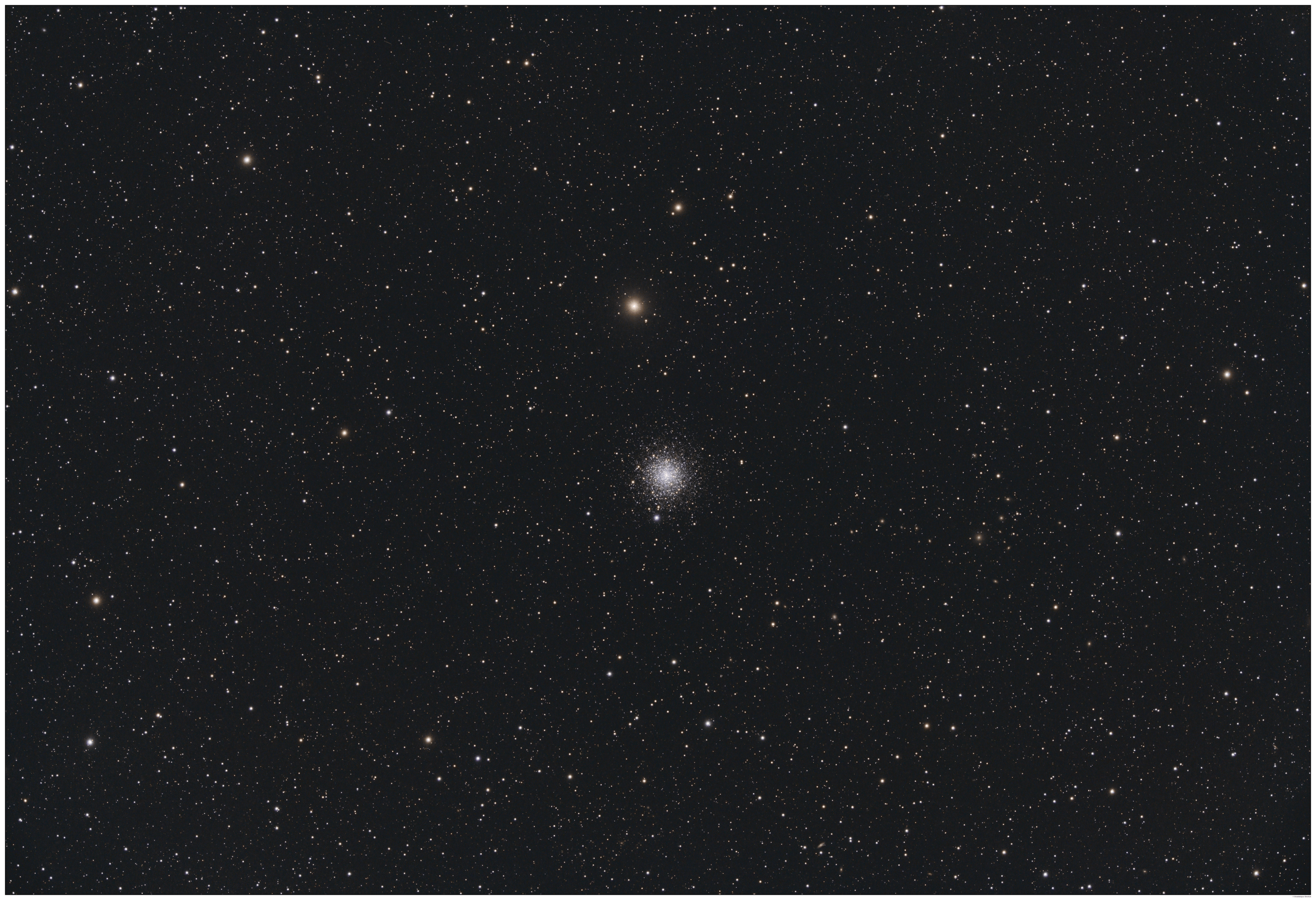 Grayscale astrophotograph of a dense globular star cluster at center, appearing as a bright concentrated ball of tightly packed stars that thins into a loose scattering of stars toward the edges, set against a sparse field of background stars.