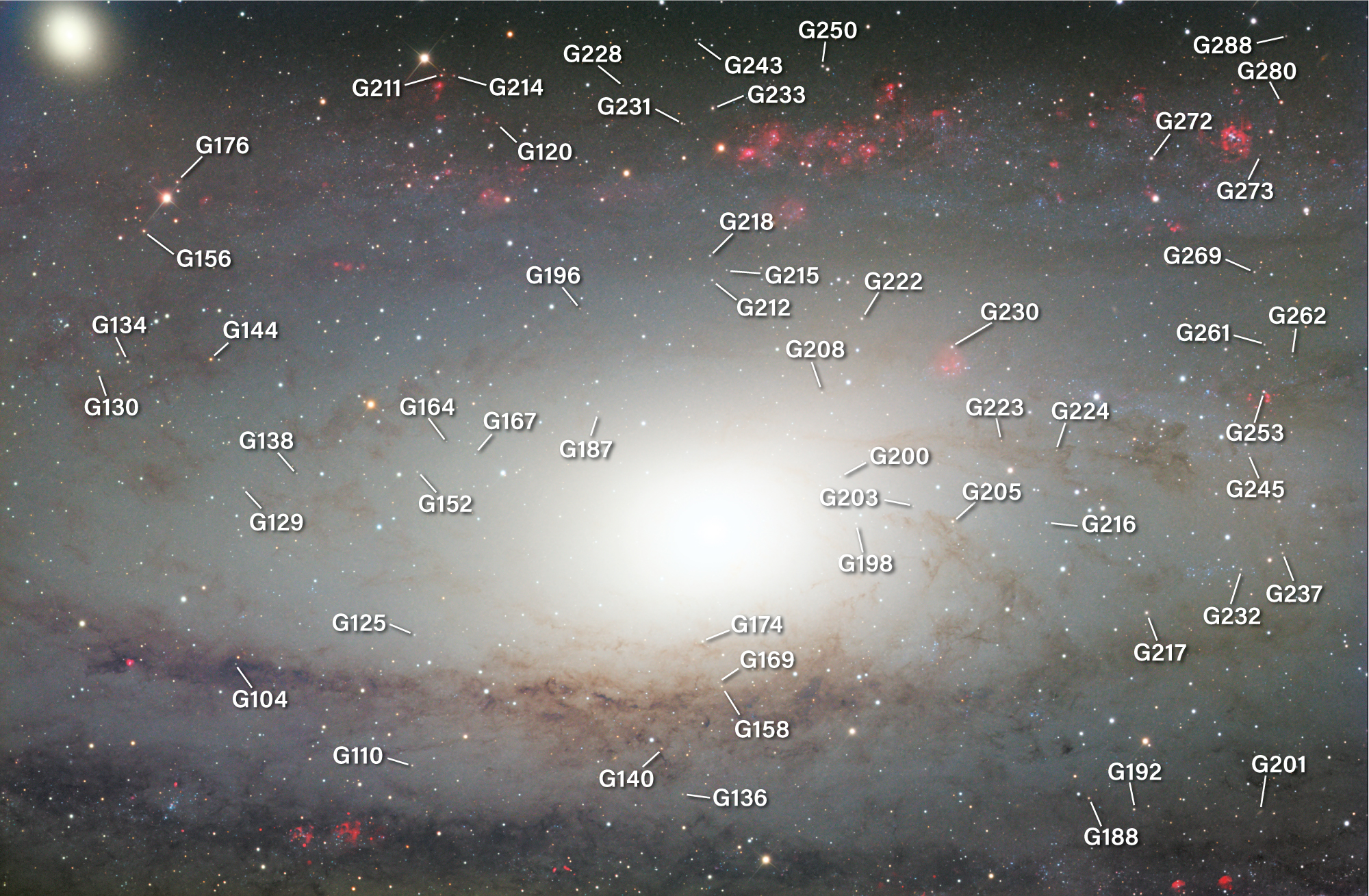 Annotated astrophotograph of the central region of the Andromeda Galaxy (M31), showing the bright, glowing core at center, brown dust lanes curving across the lower half, and red hydrogen-alpha star-forming regions along the upper and lower arms. A bright, fuzzy companion galaxy appears at upper left. White leader lines point to globular clusters labeled G104, G110, G120, G125, G129, G130, G134, G136, G138, G140, G144, G152, G156, G158, G164, G167, G169, G174, G176, G187, G188, G192, G196, G198, G200, G201, G203, G205, G208, G211, G212, G214, G215, G216, G217, G218, G222, G223, G224, G228, G230, G231, G232, G233, G237, G243, G245, G250, G253, G261, G262, G269, G272, G273, G280, and G288.