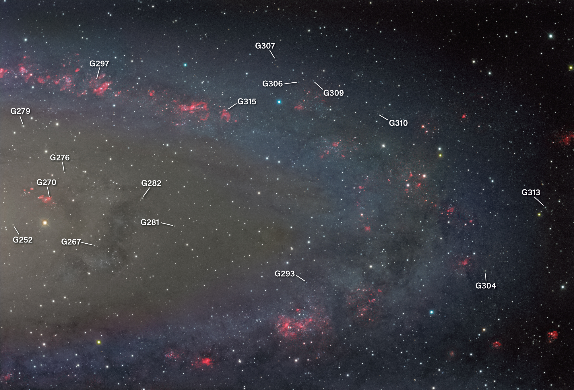 Annotated astrophotograph of the southern part of the Andromeda Galaxy (M31), with the brownish glow of the galaxy's inner disk at left fading into bluish spiral arm structure and a dark star field at right. Red star-forming regions trace the arms across the upper left and lower right. White leader lines point to globular clusters labeled G252, G267, G270, G276, G279, G281, G282, G293, G297, G304, G306, G307, G309, G310, G313, and G315.