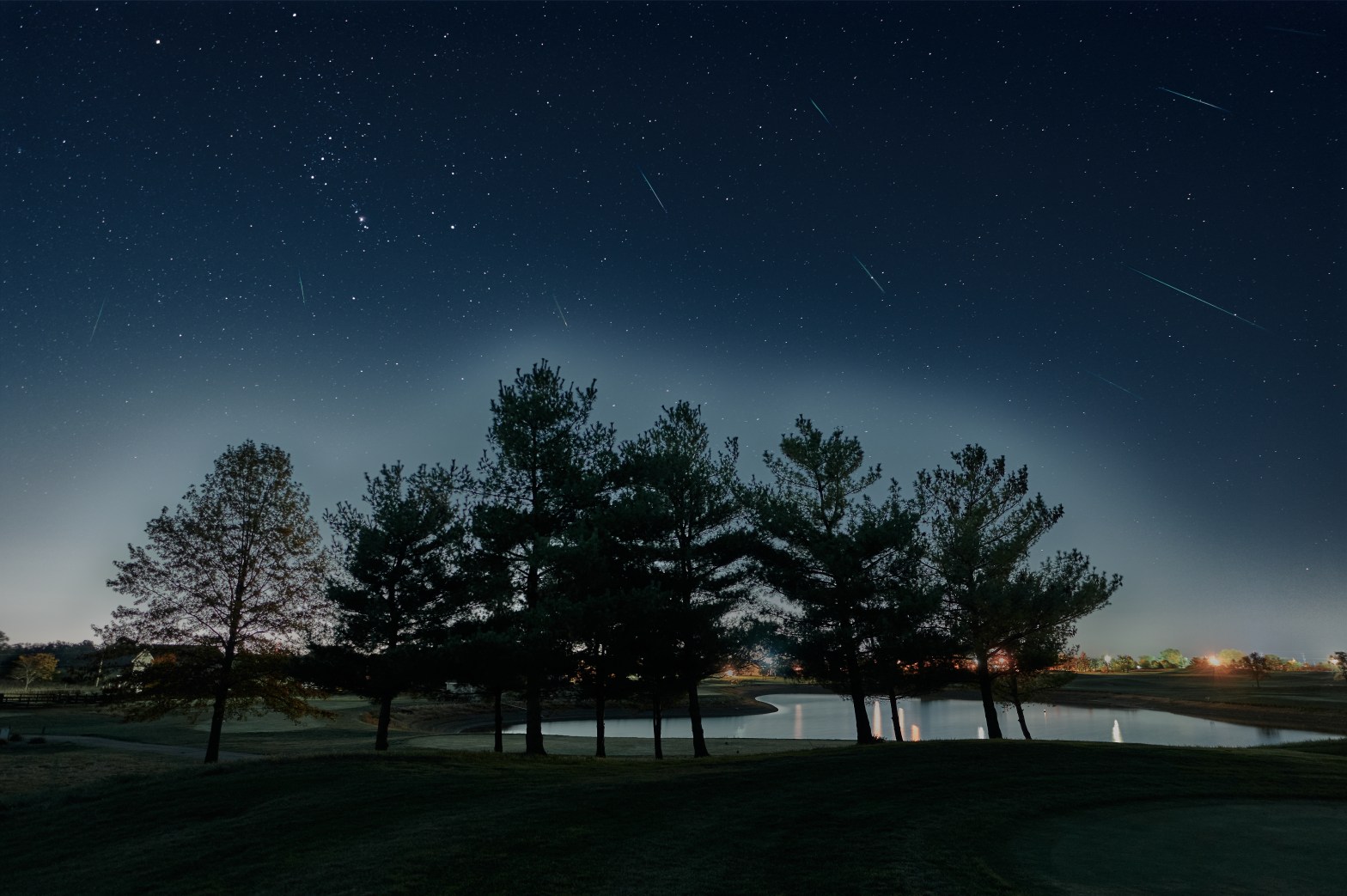 Composite photograph of a deep blue night sky above a grove of dark pine and deciduous trees beside a small pond on a grassy, golf-course-like landscape. Nearly a dozen thin green-teal Orionid meteors streak across the sky, most angled diagonally from upper left to lower right. The constellation Orion, including its Belt and the glowing Orion Nebula, appears at left of center. A pale glow of light pollution along the horizon, with a few orange and white lights reflecting on the pond, brightens the sky behind the trees.