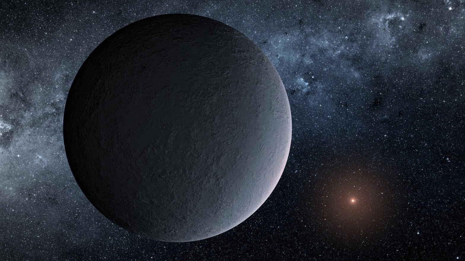 Illustration depicting a dark, rocky planet filling most of the frame, its surface shadowed on the left and faintly lit along the right edge. A small reddish star glows at lower right, set against a starry background streaked with faint blue nebulosity.
