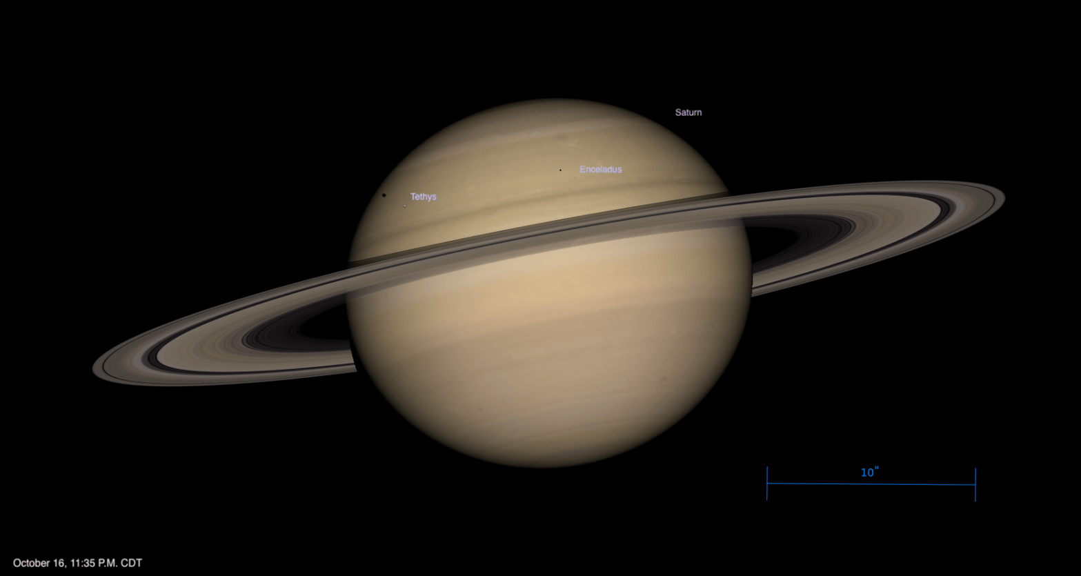 Telescopic simulation of Saturn and its moons, dated October 16, 2026, 11:35 P.M. CDT. Saturn is shown ringed and filling most of the frame, with Tethys labeled at upper left of the globe alongside a small dark shadow, and Enceladus labeled near the top of the globe. A 10 arcsecond scale bar sits at lower right.