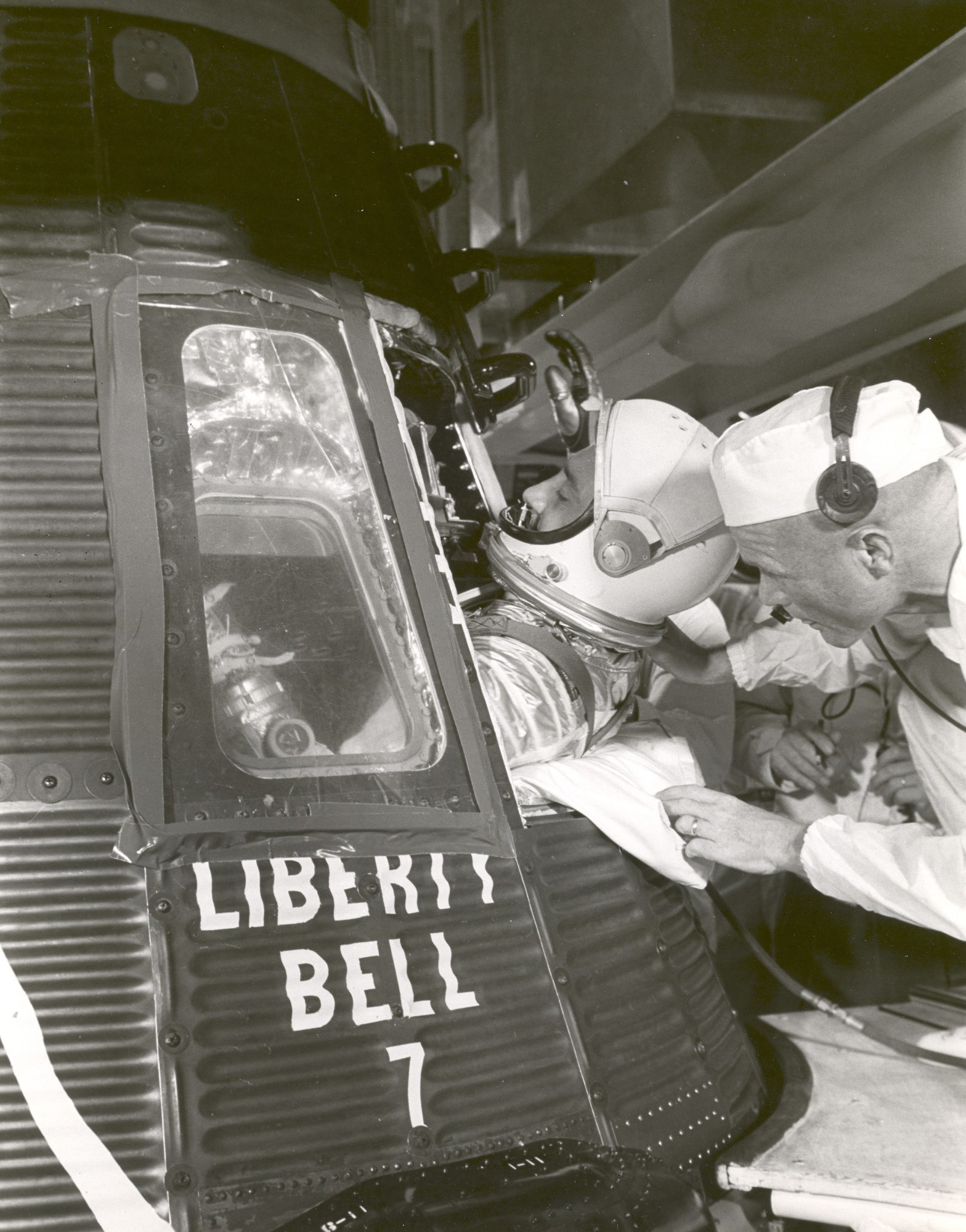 Astronaut Virgil I. Grissom climbs into "Liberty Bell 7" spacecraft the morning of July 21, 1961.