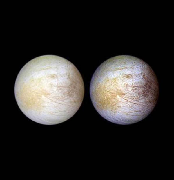 Jupiter's moon Europa is the size of Earth's satellite but may hold as much water as our planet beneath its icy shell.