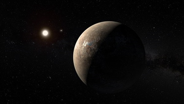 This artist's conception shows the rocky super-Earth Proxima b, an exoplanet which orbits in Proxima Centauri's habitable zone. Credit: ESO/M. Kornmesser.