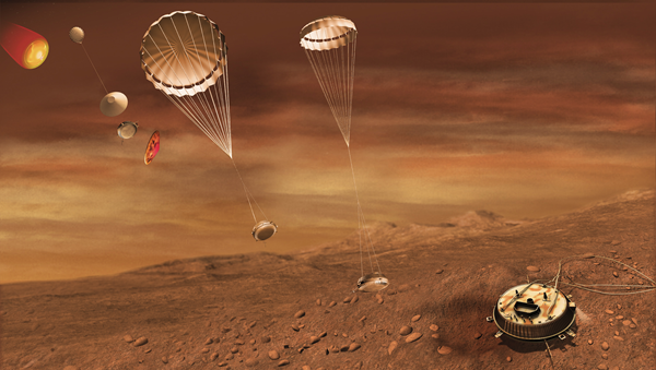 Artist's concept of Huygens landing on Titan