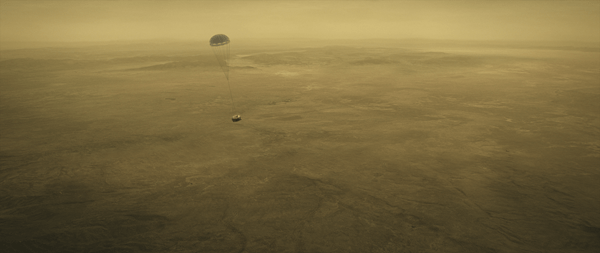 Huygens probe descending over Titan's surface