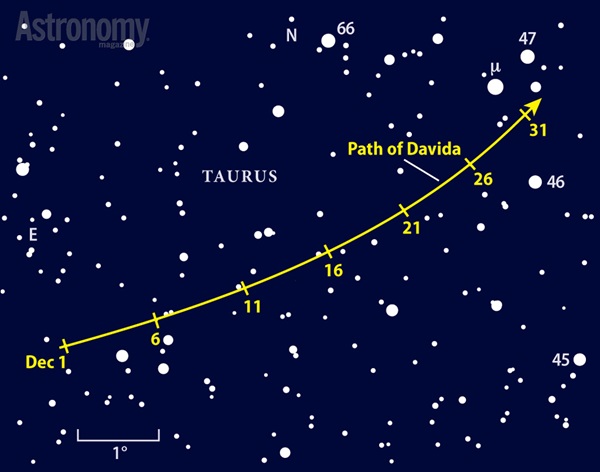 Asteroid 511 Davida wanders through the southern part of Taurus the Bull during December