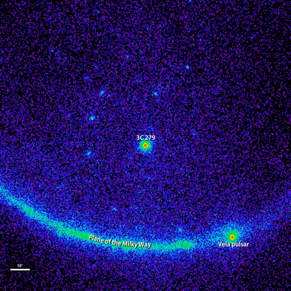 Blazar 3C 279's historic gamma-ray flare can be seen in this image from the Large Area Telescope (LAT) on NASA's Fermi satellite.
