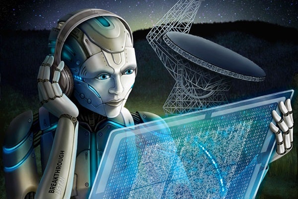 An android cups its hand over one ear of a pair of premium headphones, looking at a screen of data from a radio telescope in the background under a starry night sky