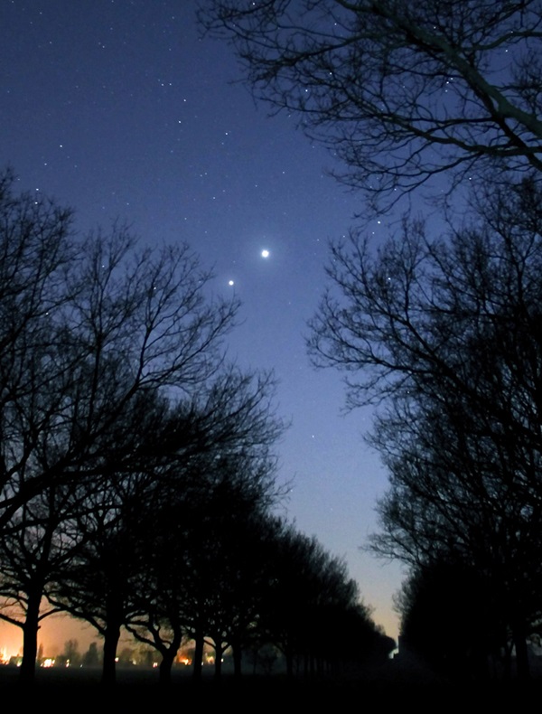 Brilliant Venus passed a few degrees to Jupiter's upper right in evening twilight March 14, 2012.