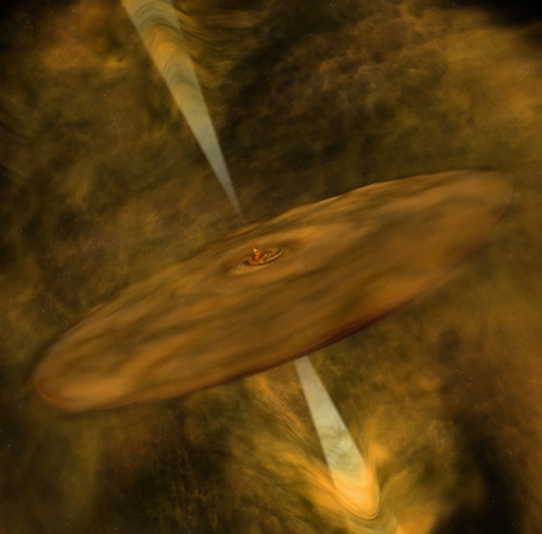 Artist's conception of a young still-forming brown dwarf with a disk of material orbiting it and jets of material ejected outward from the poles of the disk.