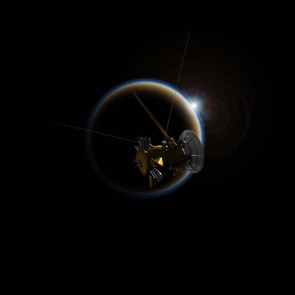 Cassini spacecraft observing a sunset through Titan's hazy atmosphere
