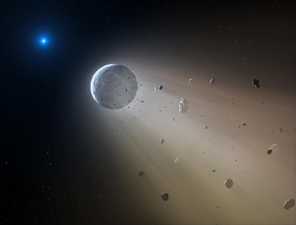 In this artist's conception, a Ceres-like asteroid is slowly disintegrating as it orbits a white dwarf star.