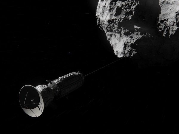 This artist concept shows Comet Hitchhiker, an idea for traveling between asteroids and comets using a harpoon and tether system.