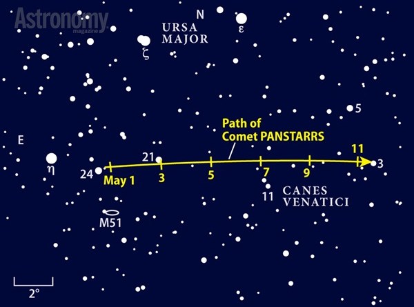 The short ights of early June 2014 bring nice views of Comet PANSTARRS as it dips southward from Ursa Major to Leo Minor.