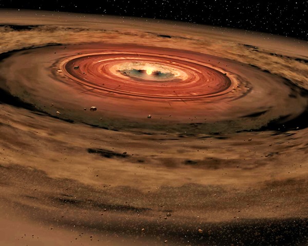 A disk of planet-forming dust swirls around a young star.