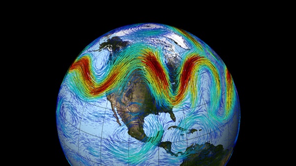 This visualization pairs NASA weather and climate observations to model one month of the jet stream’s meandering path above North America.