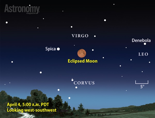 The eclipsed Moon of April 4 stands among the background stars of Virgo, just 10° from 1st-magnitude Spica.