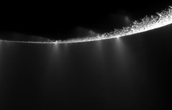 Cassini over Enceladus plumes