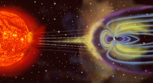 Illustration of an exoplanet with a magnetic field, along with its star