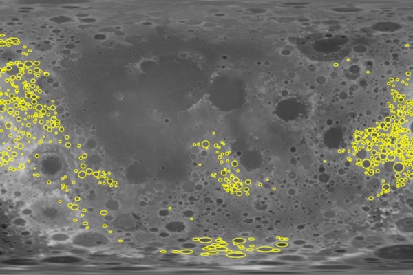 Researchers analyzed the gravity signatures of more than 1,200 craters (in yellow) on the far side of the moon.