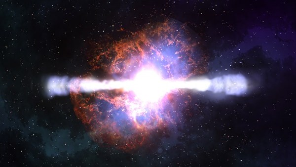 Artist's impression of a gamma-ray burst buried in dust.