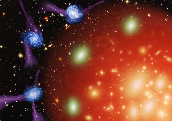 Artist’s impression of one of the possible galaxy s trangulation mechanisms: star-forming galaxies (fed by gas inflows) are accreted into a massive hot halo, which "strangles" them and leads to their death.