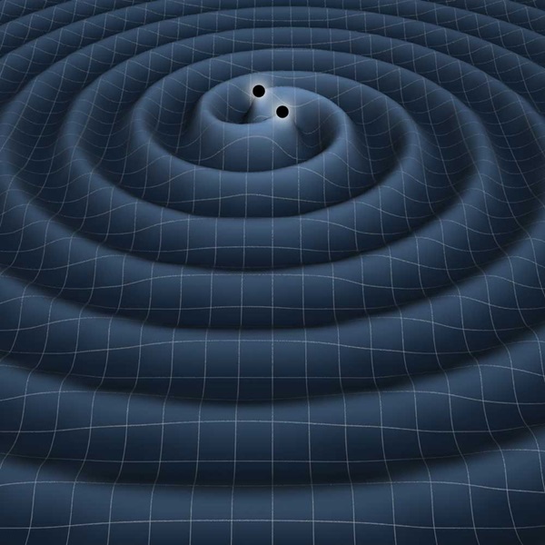 An illustration of the gravitational waves generated by two black holes in orbit around one other.