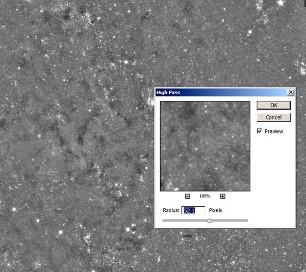 The "High Pass" filter result is a map of structures for a given radius.