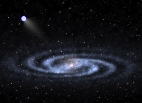 An astrophysicist-artist's conception of a hypervelocity star speeding away from the visible part of a spiral galaxy like our Milky Way and into the invisible halo of mysterious "dark matter" that surrounds the galaxy's visible portions.