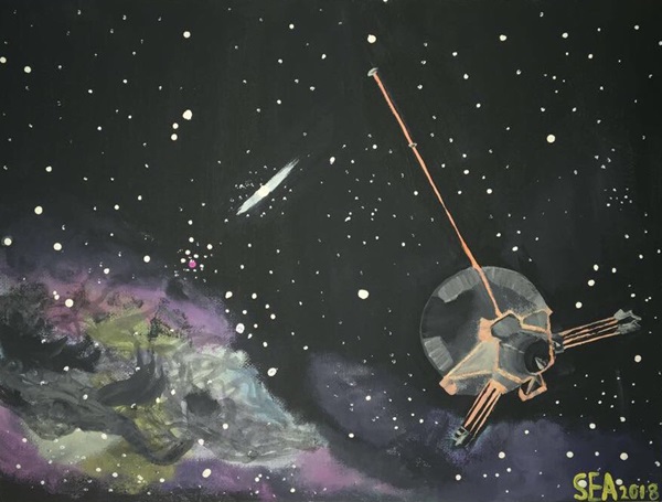Painting of the Pioneer spacecraft in deep space