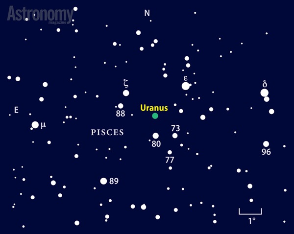 Uranus lies among the stars of southern Pisces at opposition October 11/12.