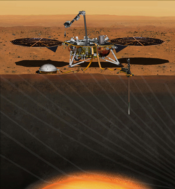 This artist's concept depicts NASA's InSight Mars lander fully deployed for studying the deep interior of Mars.
