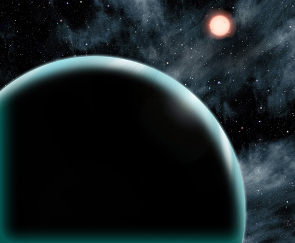 This artist's conception shows the Uranus-sized exoplanet Kepler-421b, which orbits an orange, type K star about 1,000 light-years from Earth.