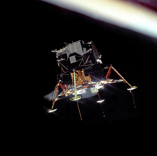 The crew of Apollo 10 shot this image of the lunar module Snoopy, following its separation from the command module Charlie Brown.