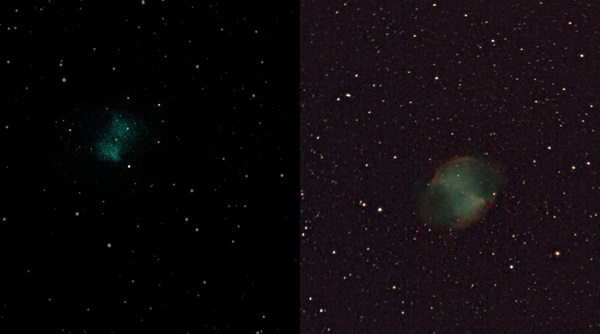 Two images of M27, the Dumbbell Nebula