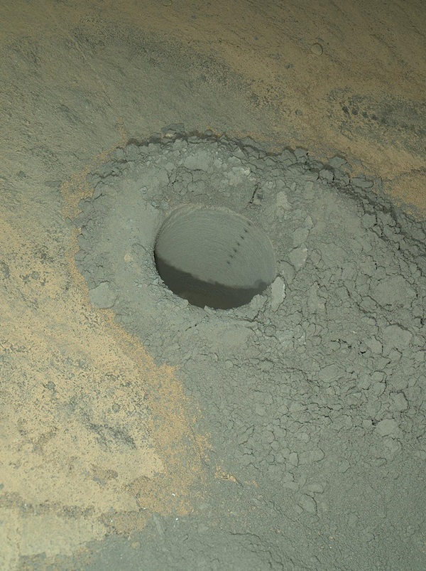 Mar's nighttime view of drilled hole at waypoint stop