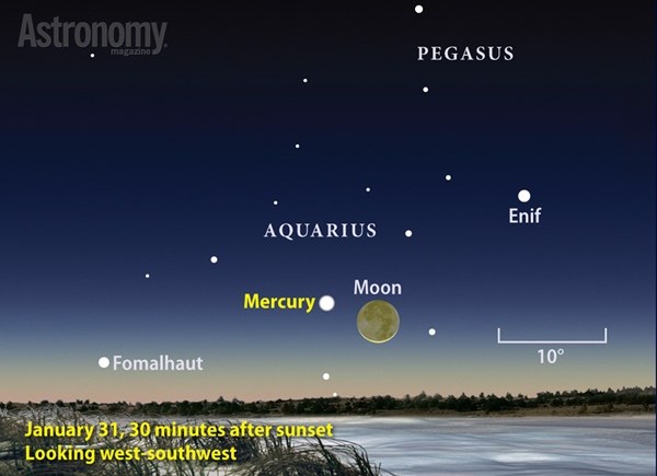 Mercury shines brightly in the evening sky during early May.