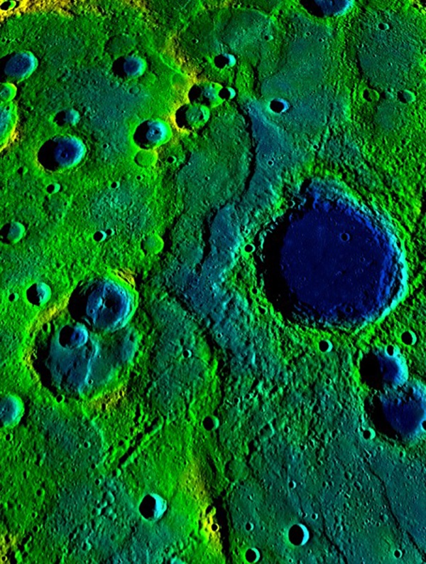 This image shows a long collection of ridges and scarps on the planet Mercury called a fold-and-thrust belt. 