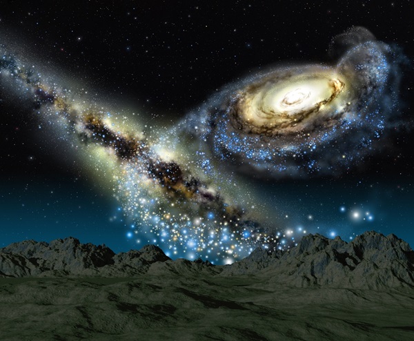 Billions of years from now, the night sky will glow with stars, dust, and gas from two galaxies: the Milky Way, in which we live, and the encroaching Andromeda Galaxy (M31). Credit: Lynette Cook for Astronomy magazine.