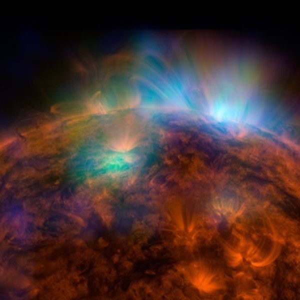 Flaring, active regions of our Sun are highlighted in this new image combining observations from several telescopes.